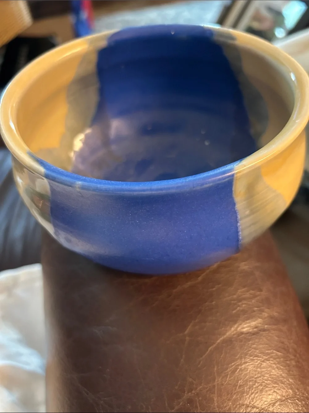 Handcrafted Signed Blue and Cream Ceramic Oval Shaped Bowl